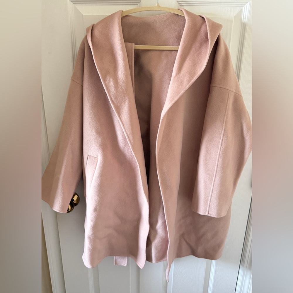 Handmade Wool Coat | Blush Pink Hooded Wrap Coat | Minimalist